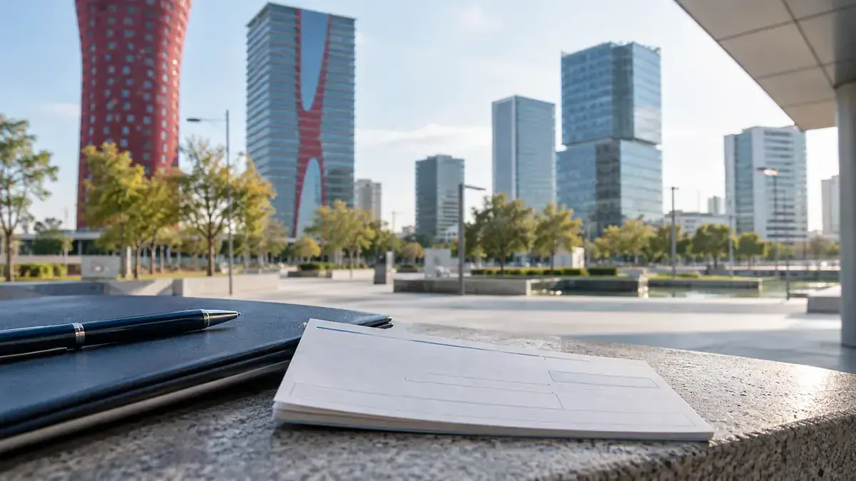 Documentos de pagarés y cheques sin datos personales sobre una mesa frente a edificios de oficinas.