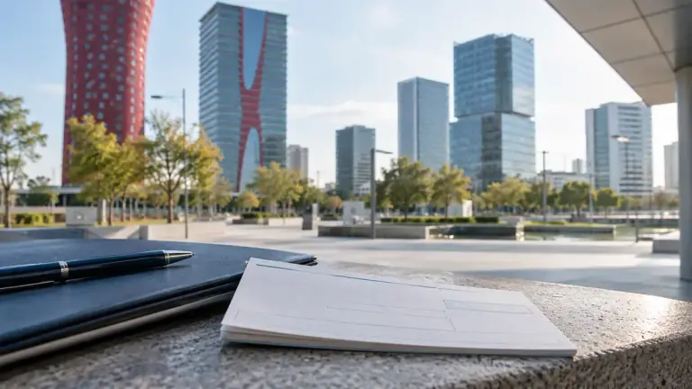 Documentos de pagarés y cheques sin datos personales sobre una mesa frente a edificios de oficinas.