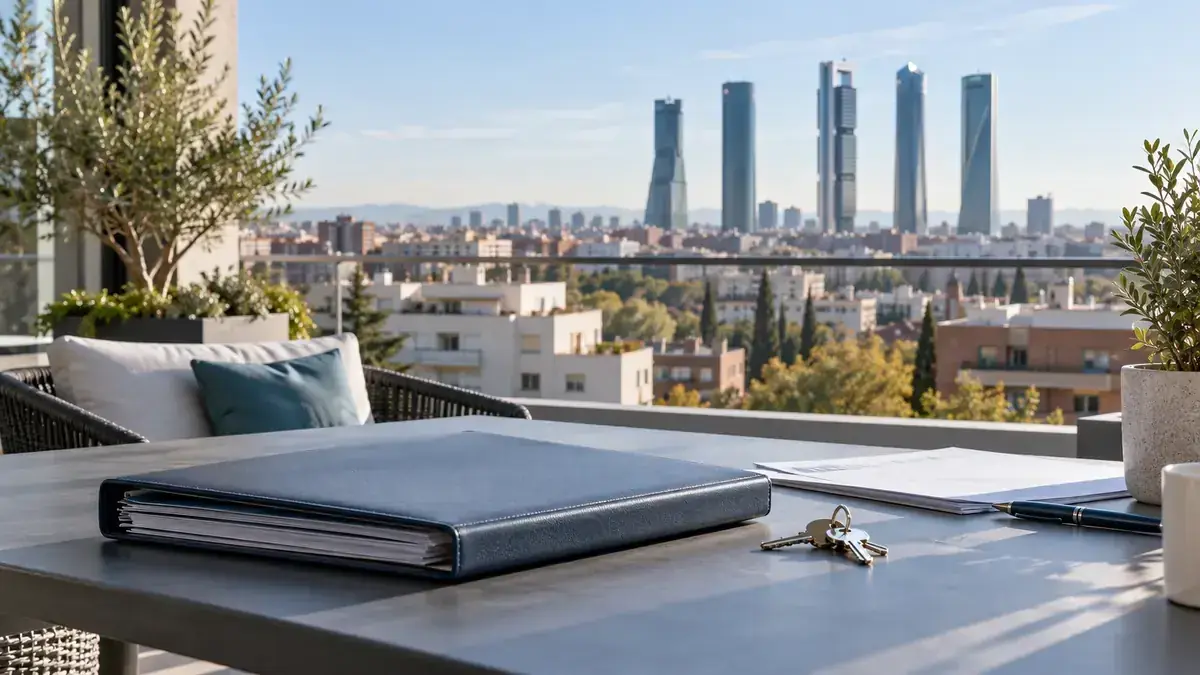 Expediente de una comunidad y llaves sobre una mesa, con edificios residenciales al fondo.