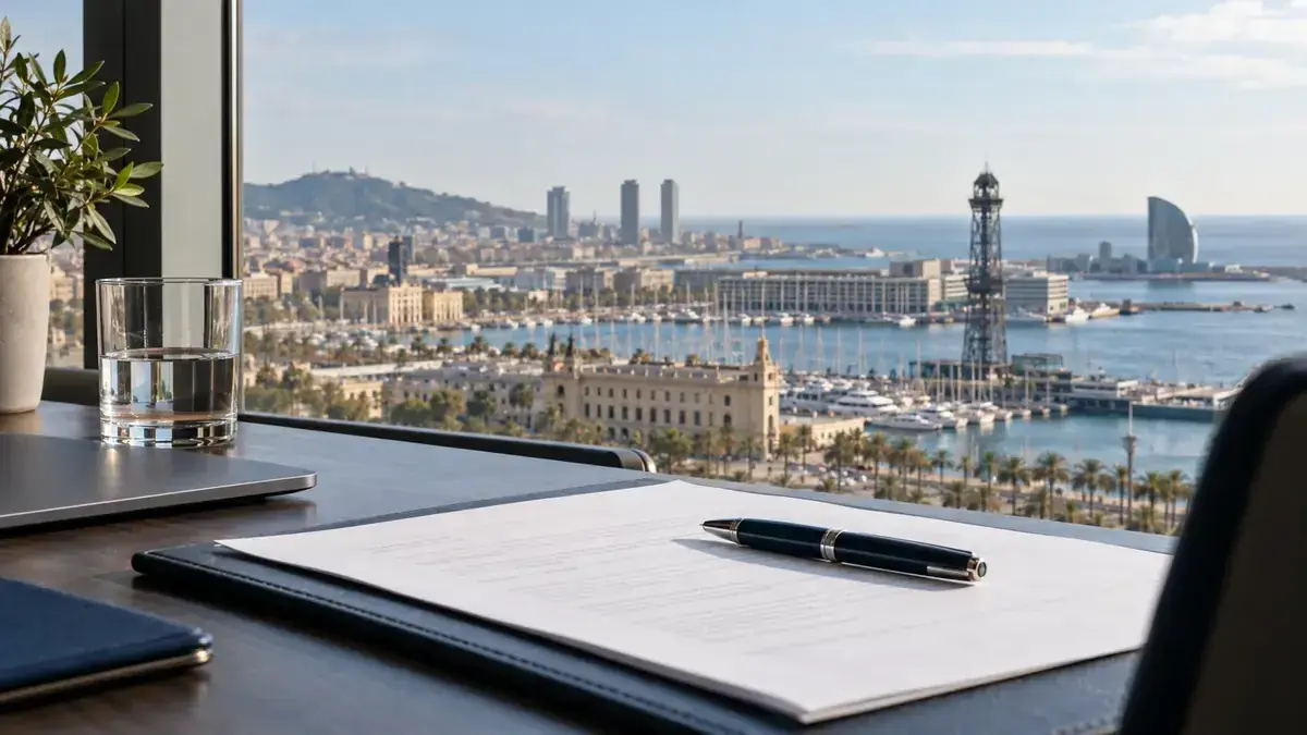 Documento de reconocimiento de deuda y bolígrafo, con una panorámica portuaria al fondo.