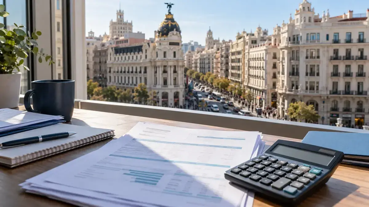Factura rectificativa y calculadora junto a un ventanal con edificios históricos al fondo.