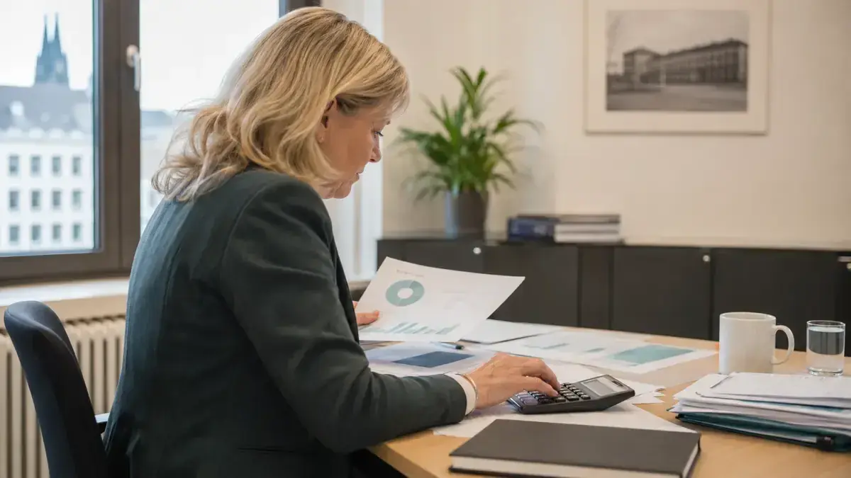Finanzkennzahlen, Diagramme und ein Taschenrechner mit Warnsymbol und Unternehmensunterlagen – Symbolbild zum Beitrag „Ausstehende Forderungen 2026: Was die aktuellen Insolvenzzahlen für Gläubiger bedeuten“.