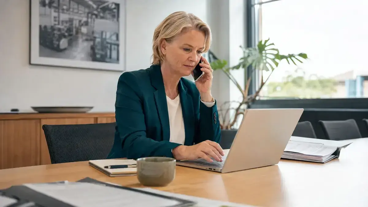 Mitarbeiter im modernen Büro mit Laptop und Telefon mit strukturiertem Prozessdiagramm – Symbolbild zum Beitrag „Ausstehende Forderungen abbauen: Ein 30-Tage-Sofortprogramm für KMU“.