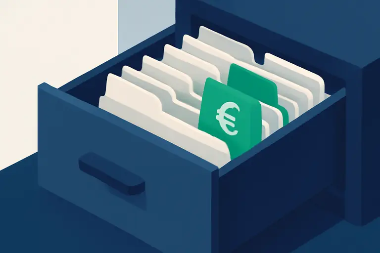 Halb geöffnete Schreibtischschublade mit ordentlichen Registertrennern – Symbolbild zum Thema Ausstehende Forderungen