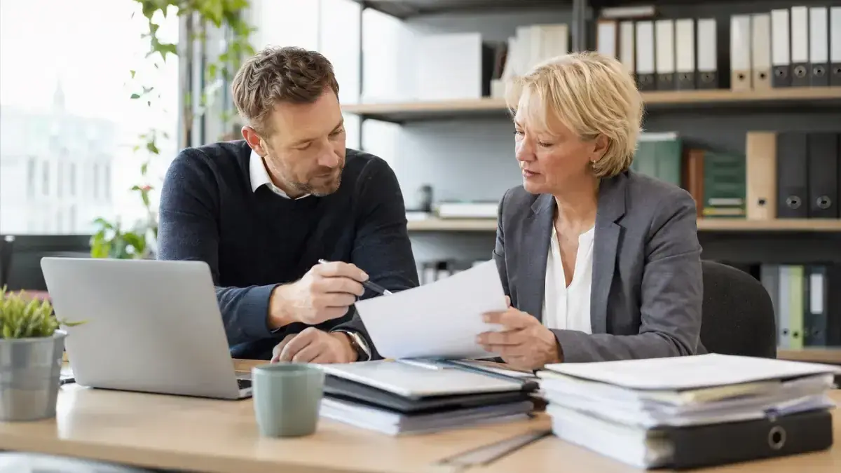 Two professionals jointly reviewing a business case with digital invoice document – editorial image for “Outstanding receivables aus dienstleistungen: how to secure acceptance and proof of performance”.