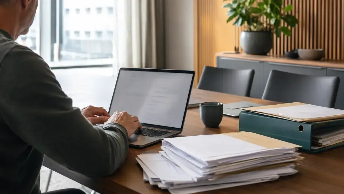 digitale Rechnungserfassung an einem Laptop mit Cloud- und Abrechnungssymbol.