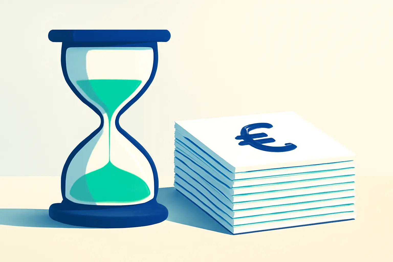 An hourglass beside a neat stack of paper – illustration for the topic Outstanding receivables