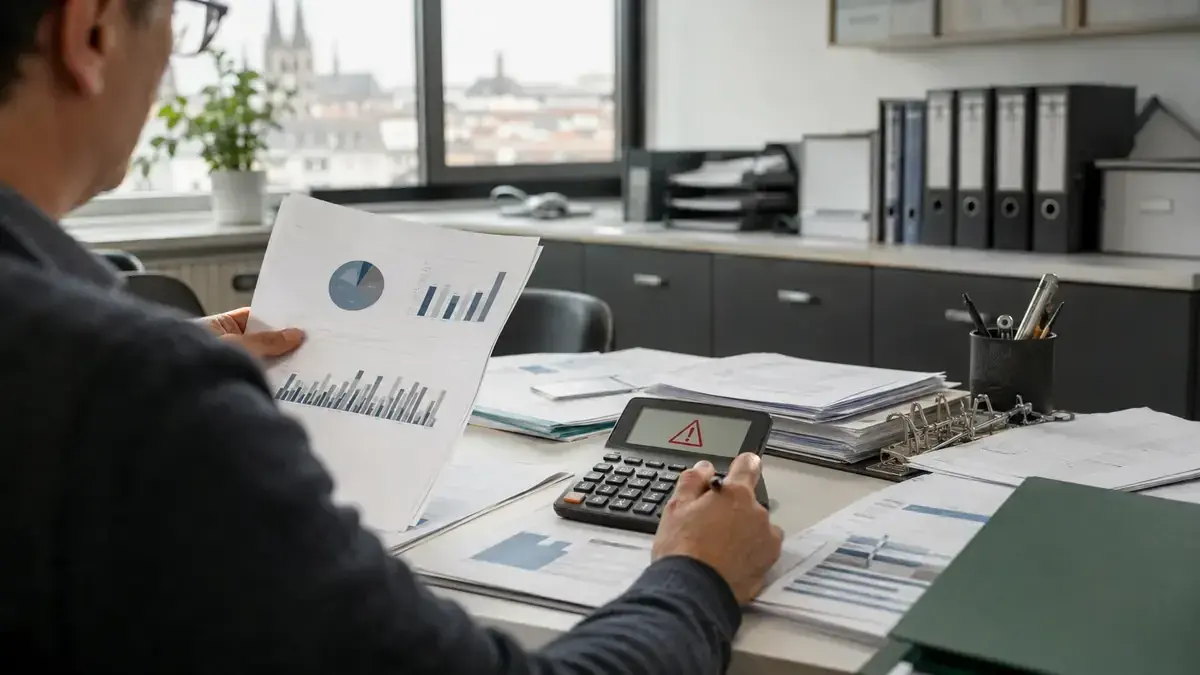 Finanzkennzahlen, Diagramme und ein Taschenrechner mit Warnsymbol und Unternehmensunterlagen – Symbolbild zum Beitrag „Ausstehende Forderungen bei Kundeninsolvenz: Anmeldung, Fristen und Realismus“.