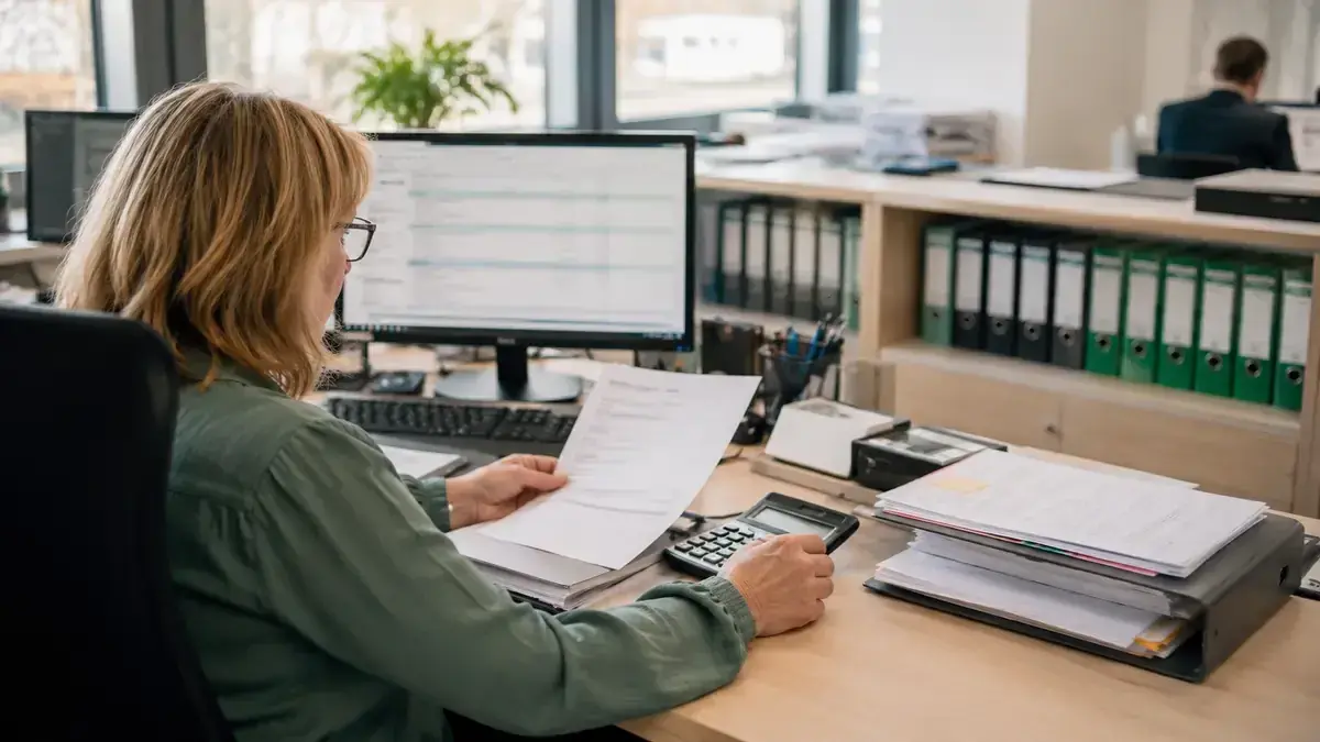 Abgleich einer Rechnung mit digitalen Buchungsdaten mit strukturierter Offene-Posten-Tabelle – Symbolbild zum Beitrag „Ausstehende Forderungen bilanziell bewerten: Einzelwertberichtigung verständlich erklärt“.