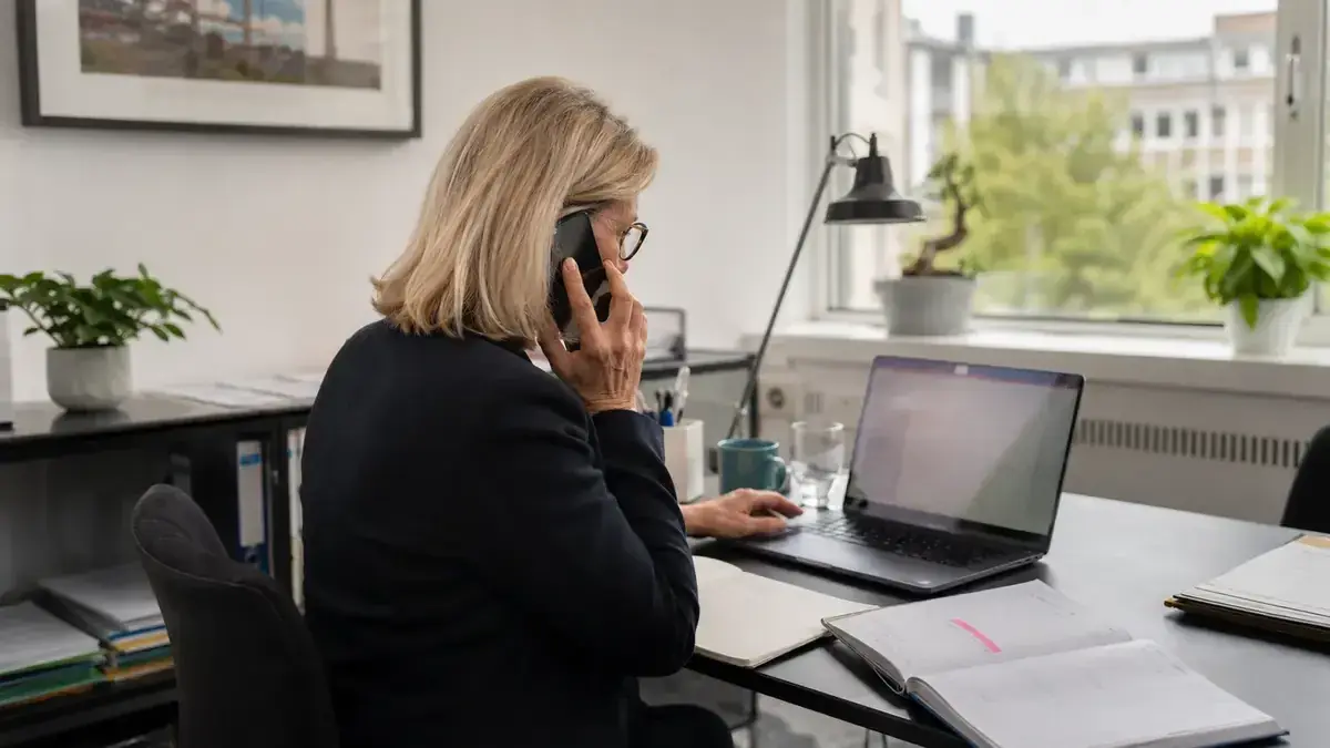 Mitarbeiterin im telefonischen Kundengespräch an einem Laptop mit Kalender und Fristmarkierung – Symbolbild zum Beitrag „Ausstehende Forderungen durch bessere Zahlungsbedingungen vermeiden“.