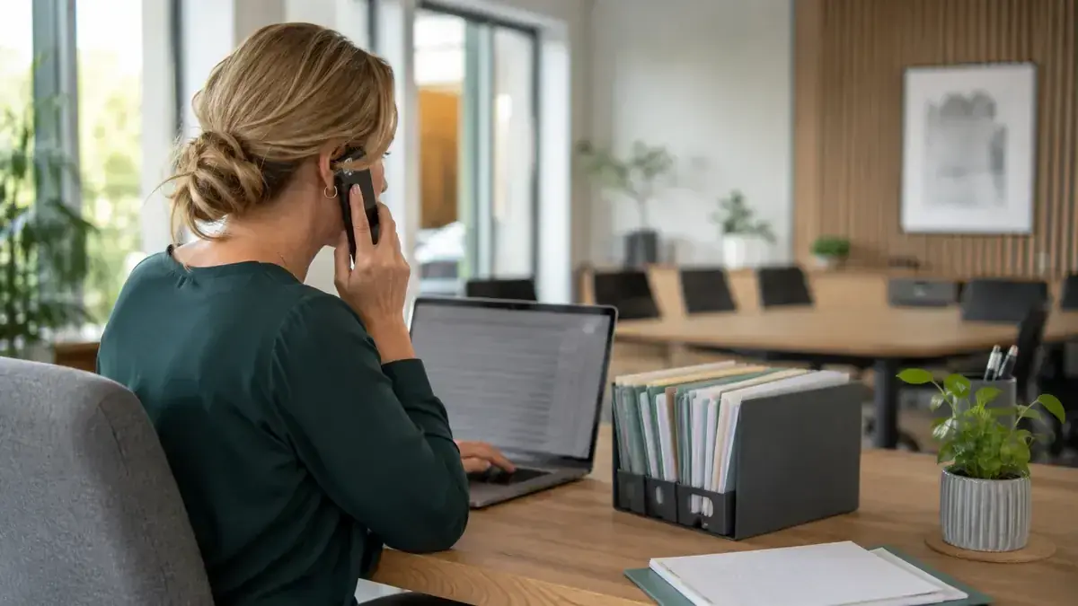 Mitarbeiterin im telefonischen Kundengespräch an einem Laptop mit geordnetem digitalen Forderungsordner – Symbolbild zum Beitrag „Ausstehende Forderungen früh erkennen: Sieben Warnsignale im Zahlungsverhalten“.