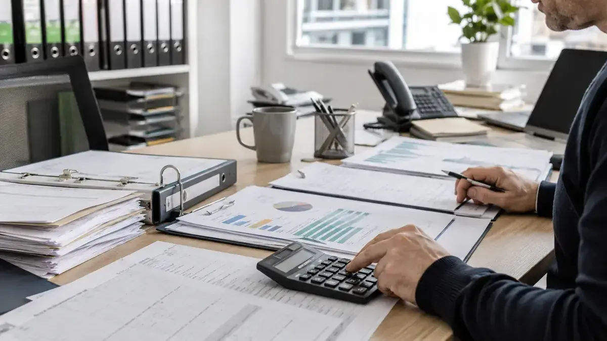 Taschenrechner, Belege und Finanzunterlagen mit klarer Kennzahlen-Grafik – Symbolbild zum Beitrag „Ausstehende Forderungen im Aging-Report: Aufbau, Kennzahlen und Interpretation“.