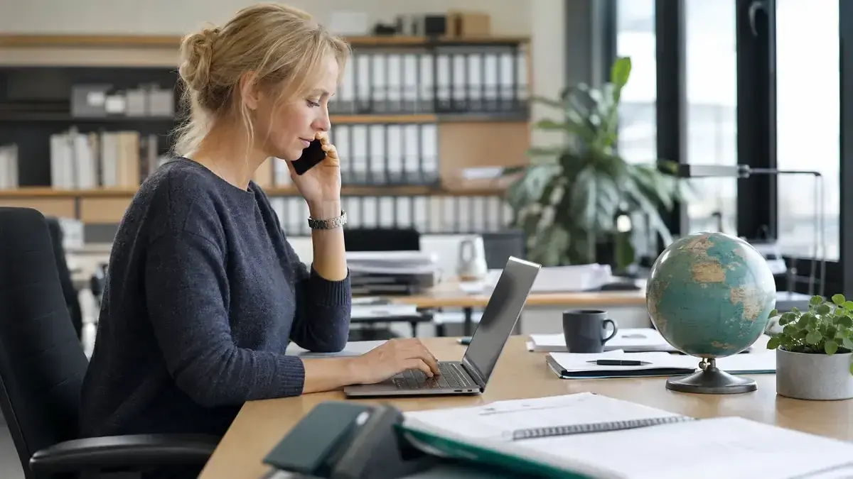 Professional in a modern office with a laptop and phone with globe for cross-border cases – editorial image for “Outstanding receivables abroad: jurisdiction and European procedures at a glance”.