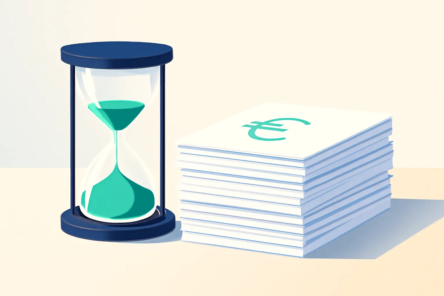 An hourglass beside a neat stack of paper – illustration for the topic Outstanding receivables