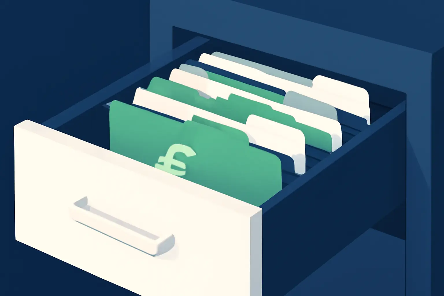A half-open desk drawer with tidy file dividers – illustration for the topic Outstanding receivables