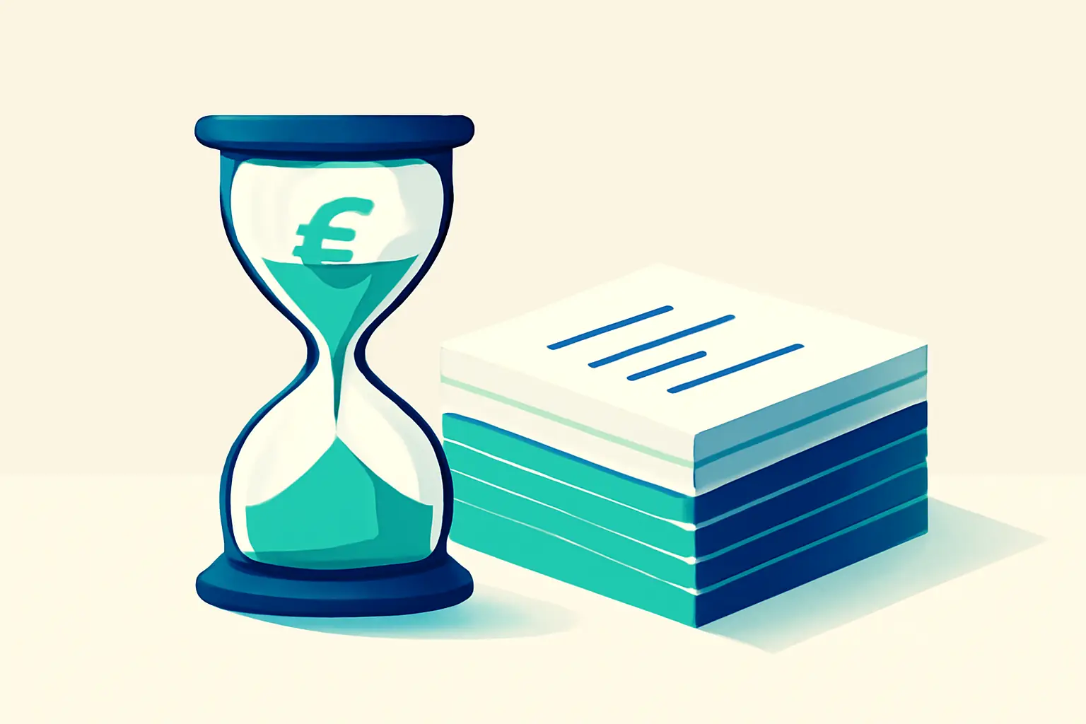 An hourglass beside a neat stack of paper – illustration for the topic Outstanding receivables