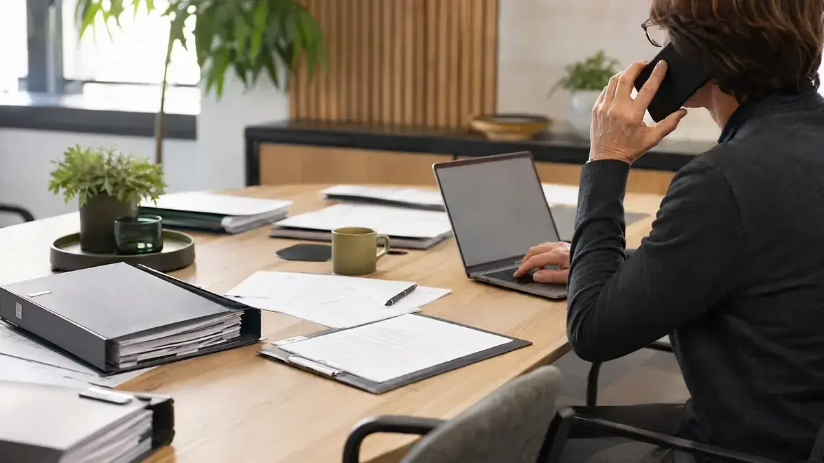 Mitarbeiter im modernen Büro mit Laptop und Telefon mit digitalem Rechnungsdokument – Symbolbild zum Beitrag „Ausstehende Forderungen in der E-Rechnung: Welche Daten später den Nachweis sichern“.