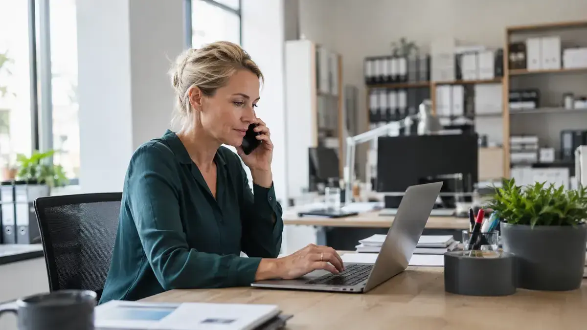 Mitarbeiter im modernen Büro mit Laptop und Telefon mit digitalem Prozessnetzwerk – Symbolbild zum Beitrag „Ausstehende Forderungen mit automatisierten Erinnerungen reduzieren“.
