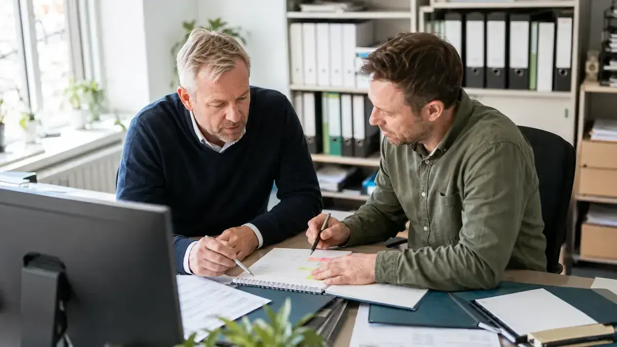 Two professionals jointly reviewing a business case with calendar and deadline marker – editorial image for “Outstanding receivables with a payment plan: how to check ability to pay and avoid defaults”.
