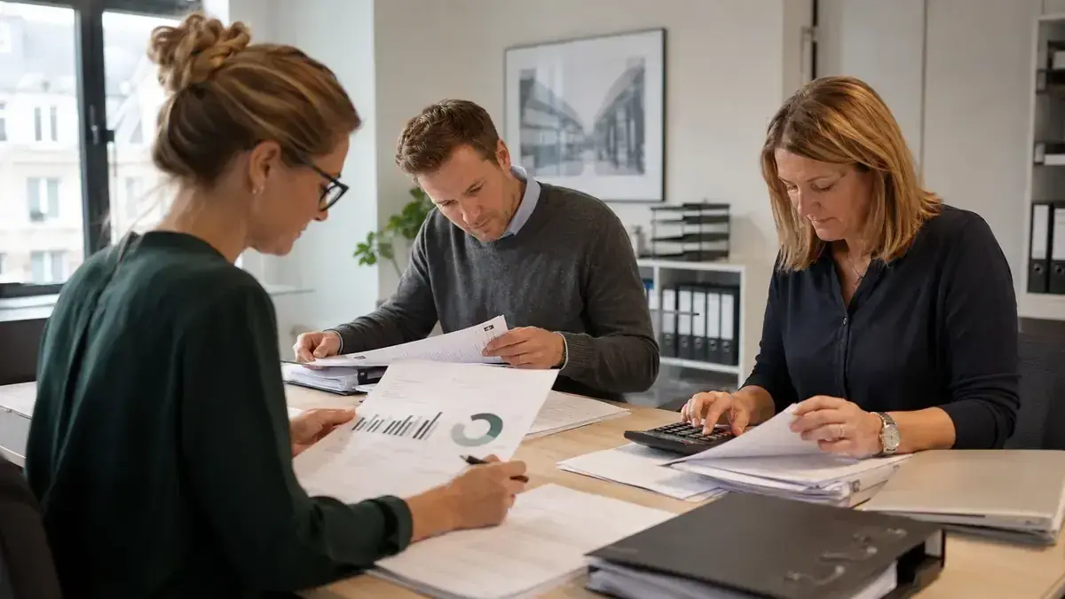 Buchungslisten, Belege und Rechenmittel auf einem Schreibtisch mit klarer Kennzahlen-Grafik – Symbolbild zum Beitrag „Ausstehende Forderungen nach Alter priorisieren: 30, 60, 90 Tage richtig nutzen“.