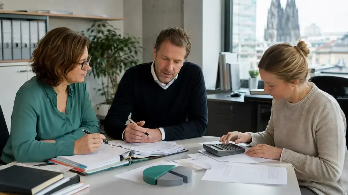 Buchungslisten, Belege und Rechenmittel auf einem Schreibtisch mit aufgeteiltem Zahlungssymbol – Symbolbild zum Beitrag „Ausstehende Forderungen nach Teilzahlung: So bleibt die Restforderung nachvollziehbar“.