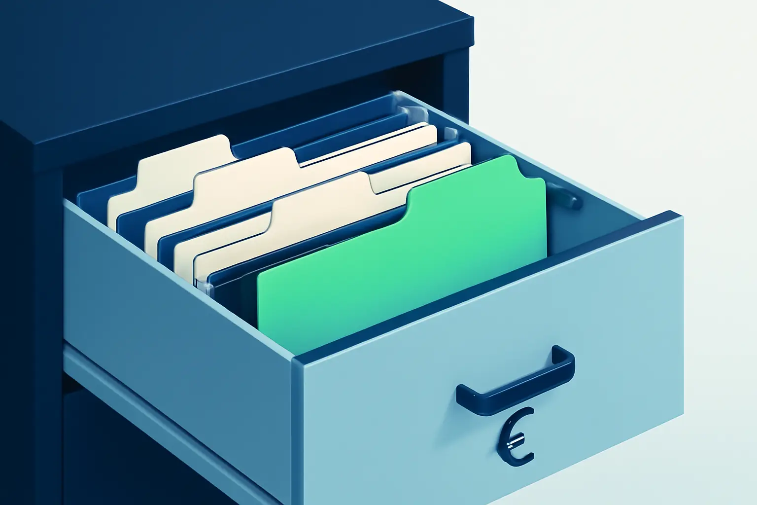 A half-open desk drawer with tidy file dividers – illustration for the topic Outstanding receivables