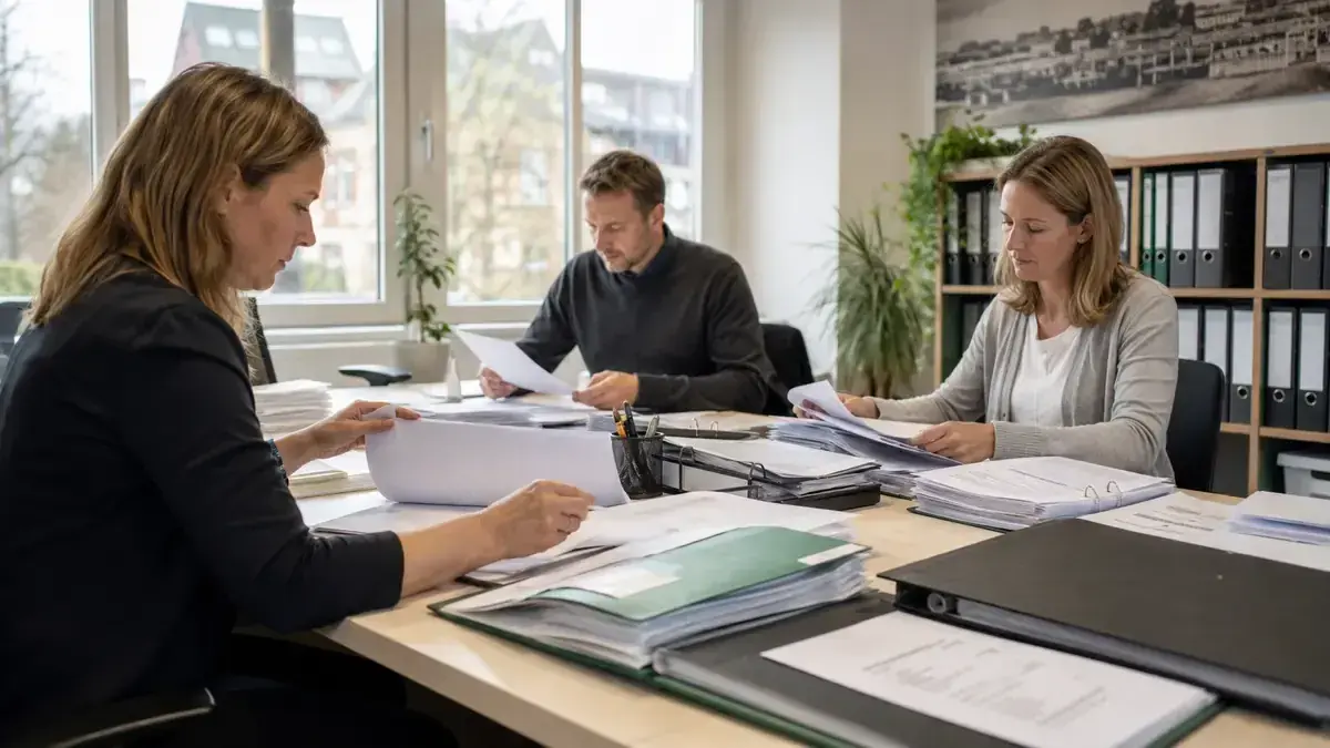 sortierte Rechnungen und Geschäftsunterlagen mit Kalender und Fristmarkierung – Symbolbild zum Beitrag „Ausstehende Forderungen trotz Mahnung: Wann die Eskalation sinnvoll wird“.