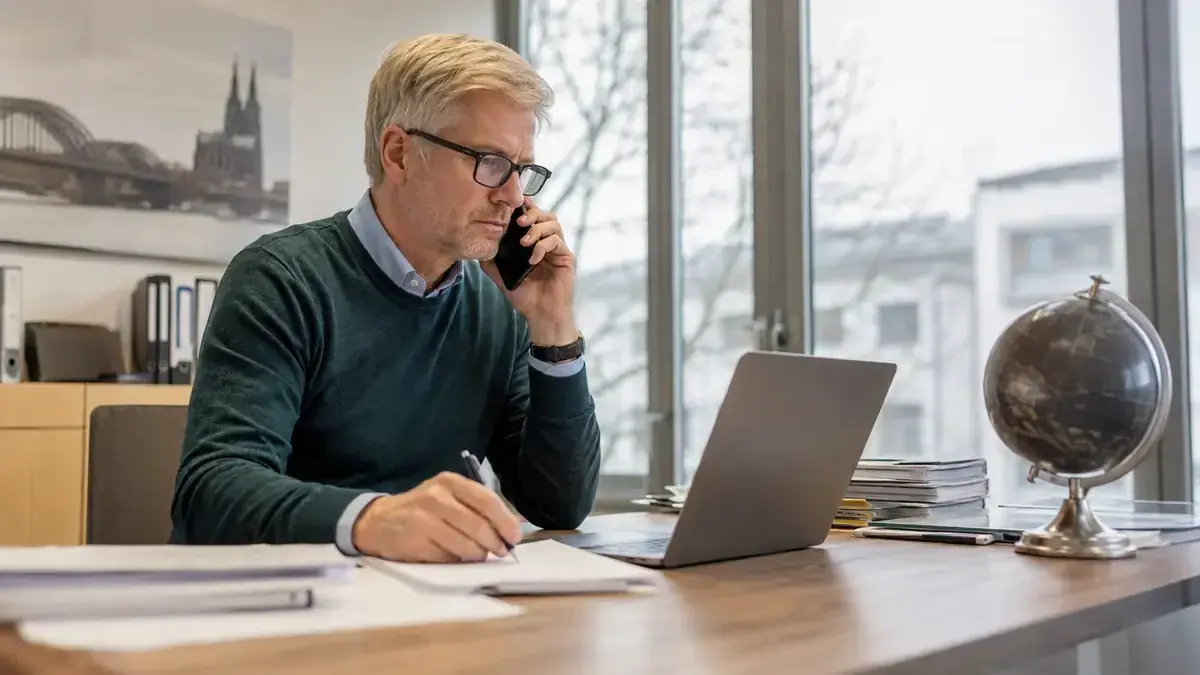 Mitarbeiter im modernen Büro mit Laptop und Telefon mit Globus für grenzüberschreitende Fälle.