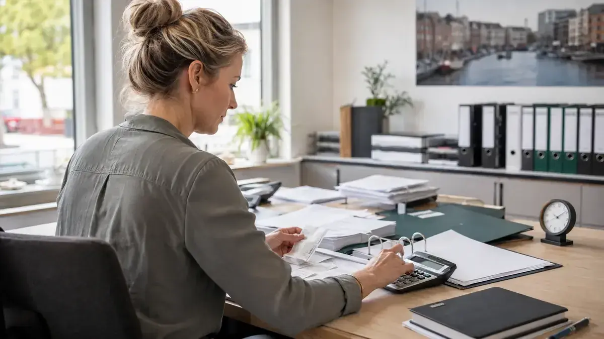 Taschenrechner, Belege und Finanzunterlagen mit Uhr und Forderungsunterlagen – Symbolbild zum Beitrag „Ausstehende Forderungen und neuer Basiszinssatz: Verzugszinsen ab Juli 2026“.