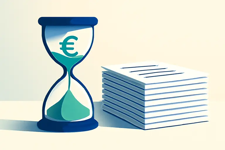 Sanduhr neben einem ordentlichen Papierstapel – Symbolbild zum Thema Ausstehende Forderungen