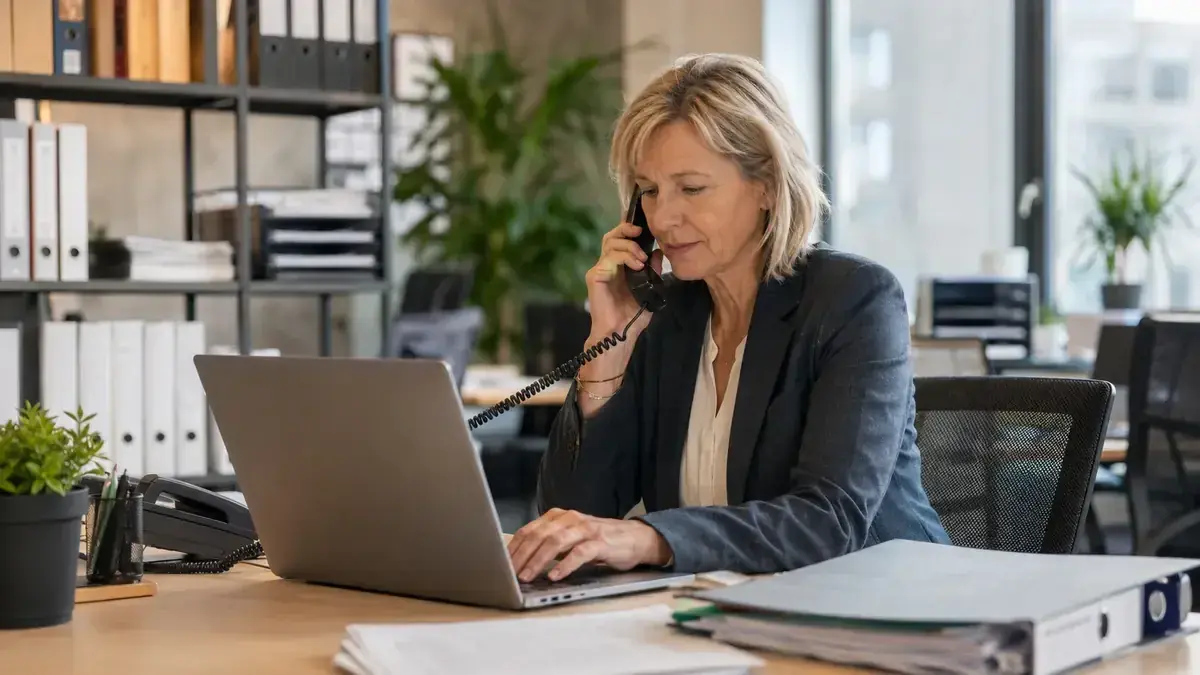 Professional in a modern office with a laptop and phone with organised digital receivables folder – editorial image for “Outstanding receivables recovered before year-end: practical plan for the fourth quarter”.