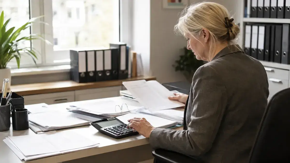 Calculator, receipts and financial records with structured open-item table – editorial image for “Outstanding receivables at year-end closing: how to confirm, assess and document balances”.