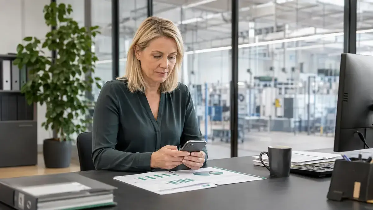 Professional using a smartphone in a transparent modern office with clear performance chart – editorial image for “Receivables management 2026: key trends between digitalization and default risk”.