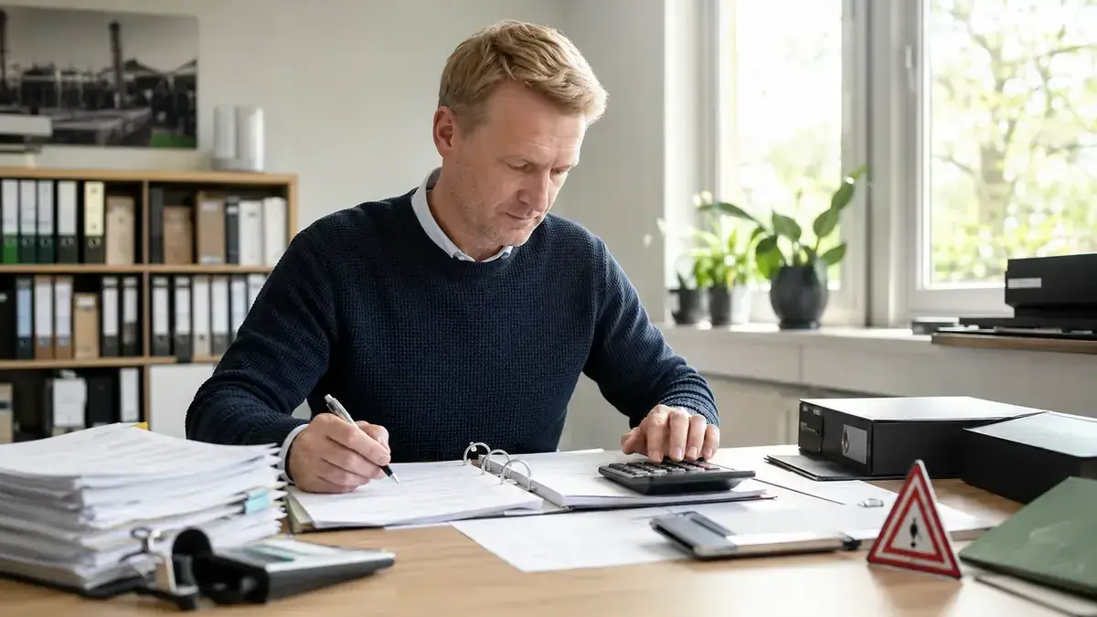 Accounting ledgers, receipts and calculation tools on a desk with warning symbol and business documents – editorial image for “Receivables management amid rising insolvencies: early warning instead of late reaction”.