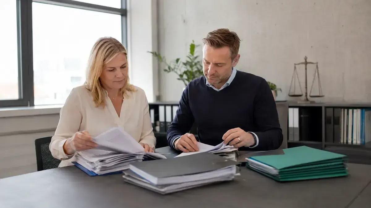 sortierte Rechnungen und Geschäftsunterlagen mit stilisiertem Gerichtssymbol – Symbolbild zum Beitrag „Forderungsmanagement bis zum Mahnbescheid: Eskalationswege definieren“.