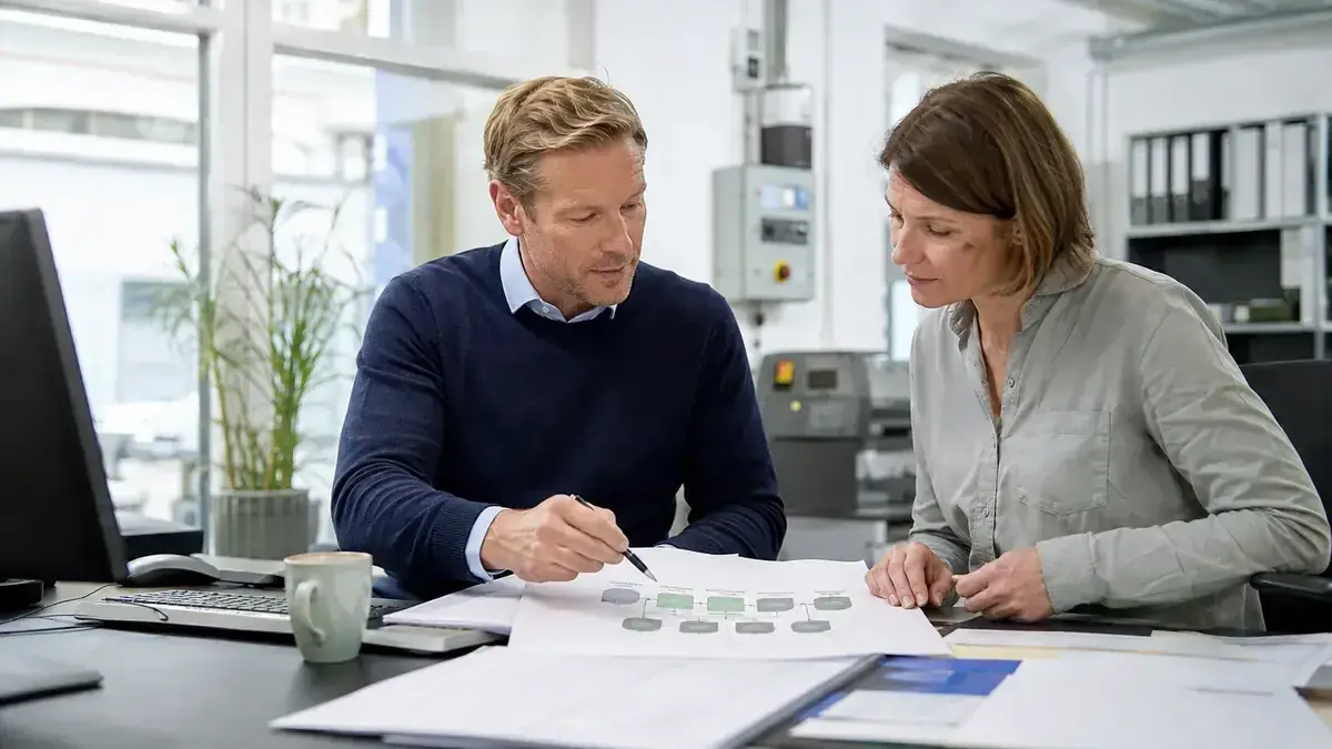 zwei Fachleute bei der gemeinsamen Prüfung eines Geschäftsvorgangs mit strukturiertem Prozessdiagramm.