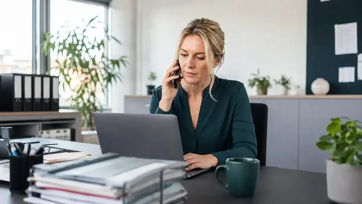 Mitarbeiter im modernen Büro mit Laptop und Telefon mit geordnetem digitalen Forderungsordner – Symbolbild zum Beitrag „Forderungsmanagement für KMU: Eine schlanke Strategie ohne Großsystem“.