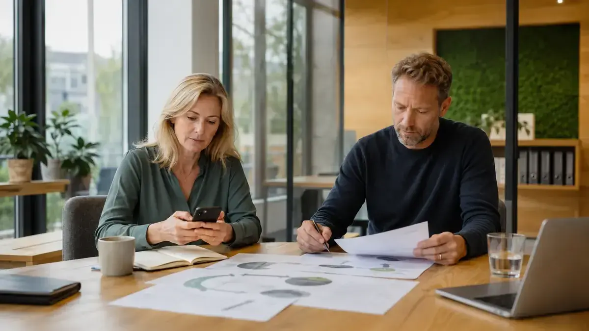 Mitarbeiterin mit Smartphone in einem transparenten modernen Büro mit strukturiertem Prozessdiagramm – Symbolbild zum Beitrag „Forderungsmanagement Governance: Verantwortlichkeiten zwischen Vertrieb, Buchhaltung und…