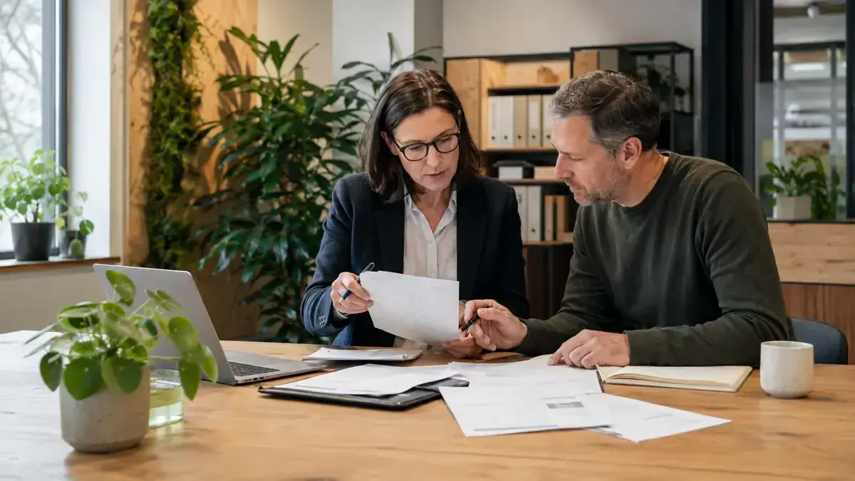 zwei Fachleute bei der gemeinsamen Prüfung eines Geschäftsvorgangs mit Unternehmenssymbol – Symbolbild zum Beitrag „Forderungsmanagement im B2B- und B2C-Vergleich“.
