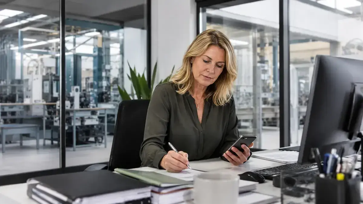 Mitarbeiterin mit Smartphone in einem transparenten modernen Büro mit Onlinehandel- und Zahlungssymbol – Symbolbild zum Beitrag „Forderungsmanagement im E-Commerce: Zahlungsarten, Retouren und Chargebacks steuern“.