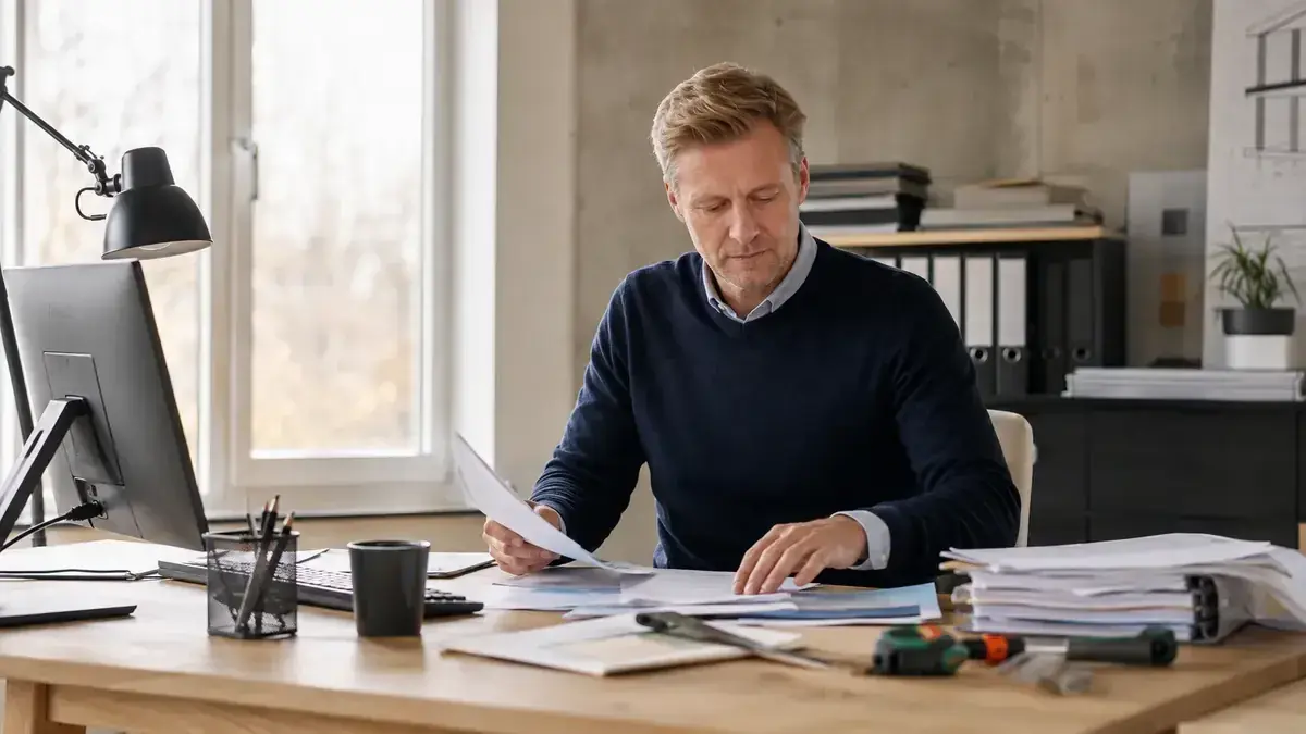sortierte Rechnungen und Geschäftsunterlagen mit Werkzeug- und Dokumentationssymbol – Symbolbild zum Beitrag „Forderungsmanagement im Handwerk: Abschläge und Schlussrechnungen absichern“.