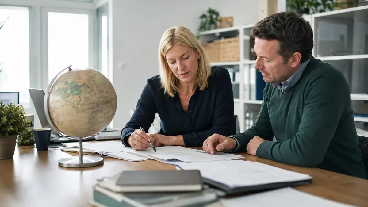 zwei Fachleute bei der gemeinsamen Prüfung eines Geschäftsvorgangs mit Globus für grenzüberschreitende Fälle – Symbolbild zum Beitrag „Forderungsmanagement international: Währungen, Sprachen und Rechtsräume…