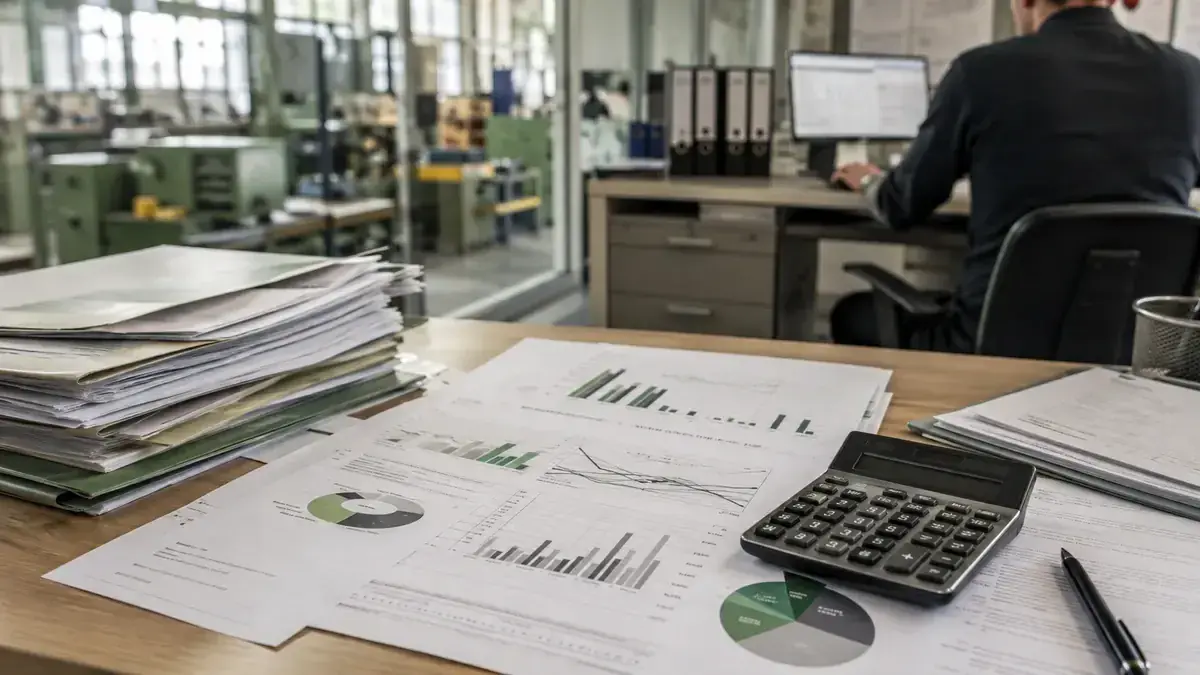 Finanzkennzahlen, Diagramme und ein Taschenrechner mit klarer Kennzahlen-Grafik.