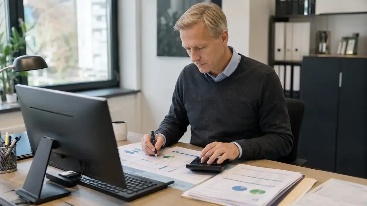 Finanzkennzahlen, Diagramme und ein Taschenrechner mit klarer Kennzahlen-Grafik – Symbolbild zum Beitrag „Forderungsmanagement mit Aging-Analyse: Rückstände früh sichtbar machen“.