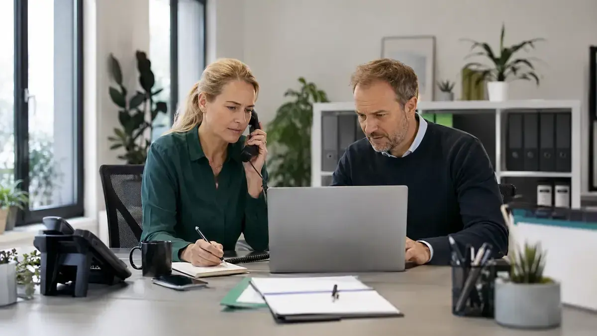 Professional in a modern office with a laptop and phone with digital process network – editorial image for “Receivables management with AI: transparency, control and human escalation”.