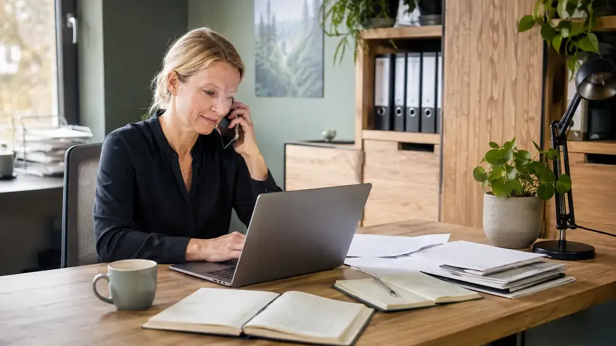 Mitarbeiterin im telefonischen Kundengespräch an einem Laptop mit Kalender und Fristmarkierung – Symbolbild zum Beitrag „Forderungsmanagement Prozess: Von Bonitätsprüfung bis Vollstreckung“.