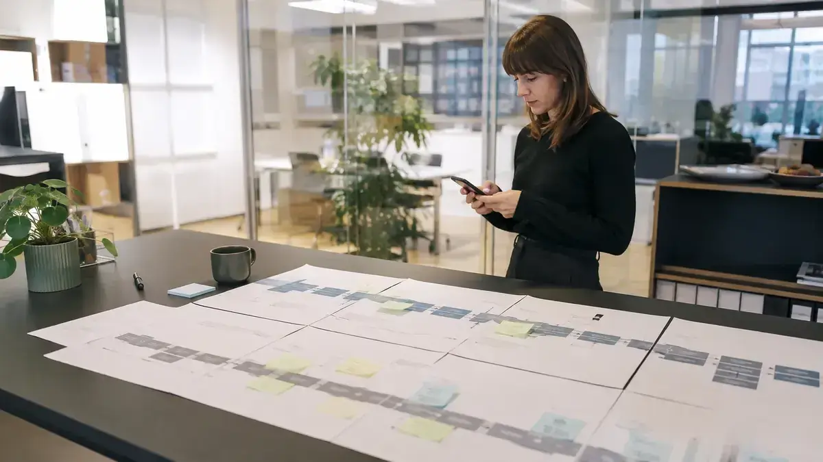 Professional using a smartphone in a transparent modern office with structured workflow diagram – editorial image for “Receivables management maturity model: from manual dunning to a data-based process”.