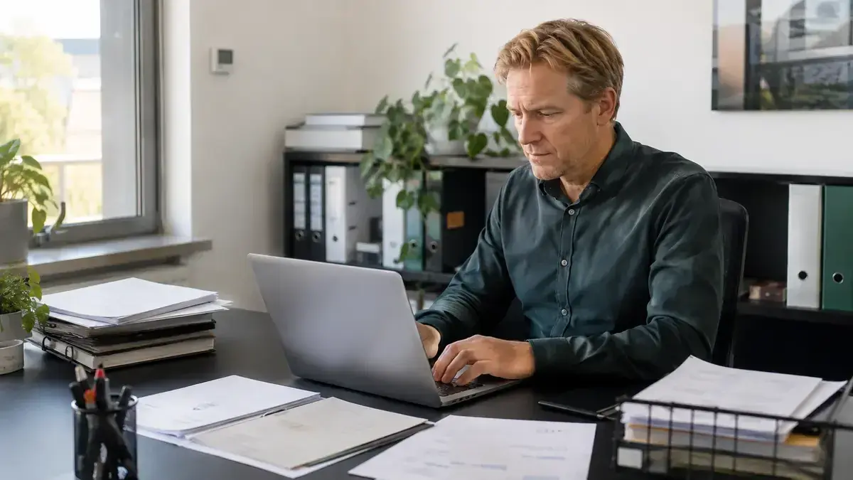 digitale Rechnungserfassung an einem Laptop mit digitalem Prozessnetzwerk – Symbolbild zum Beitrag „Forderungsmanagement Software auswählen: Anforderungen und Entscheidungsmatrix“.
