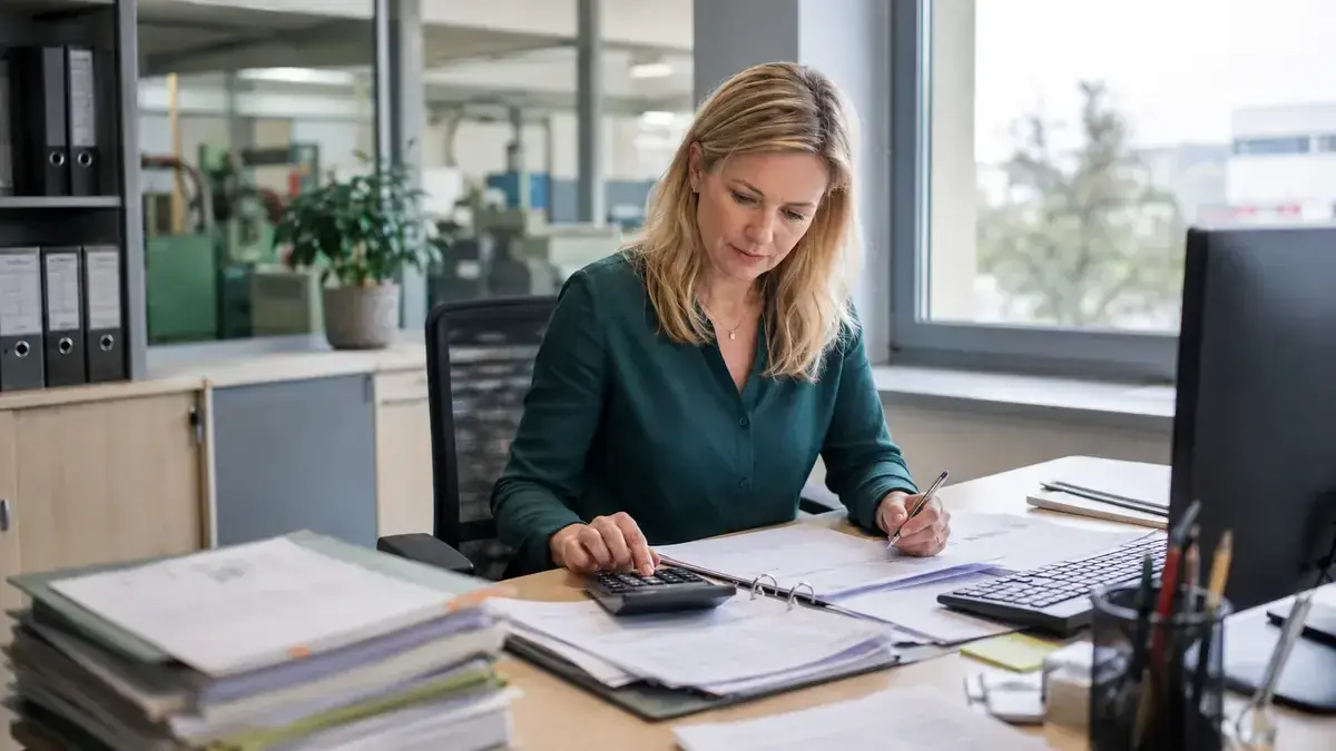Taschenrechner, Belege und Finanzunterlagen mit Kalender und Fristmarkierung – Symbolbild zum Beitrag „Forderungsmanagement und Bonitätsprüfung: Kreditlimits risikobasiert setzen“.