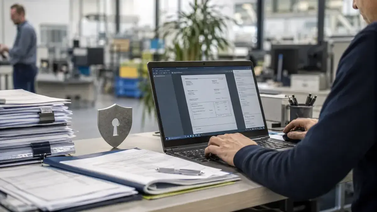 digitale Rechnungserfassung an einem Laptop mit Datenschutzschild – Symbolbild zum Beitrag „Forderungsmanagement und Datenschutz: Rollen, Zugriffe und Löschkonzepte“.